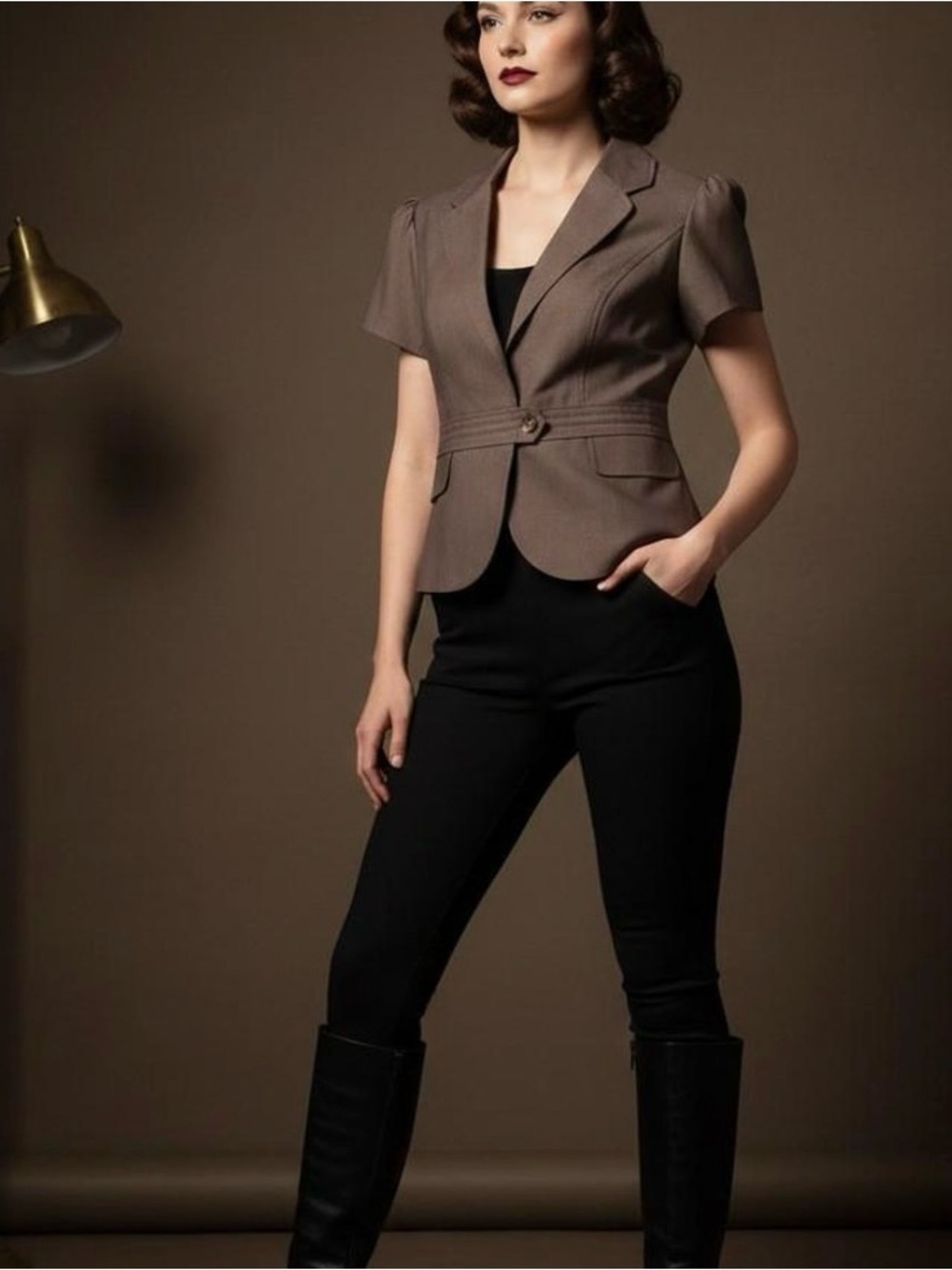 Women's Brown Short-Sleeve Fitted Blazer